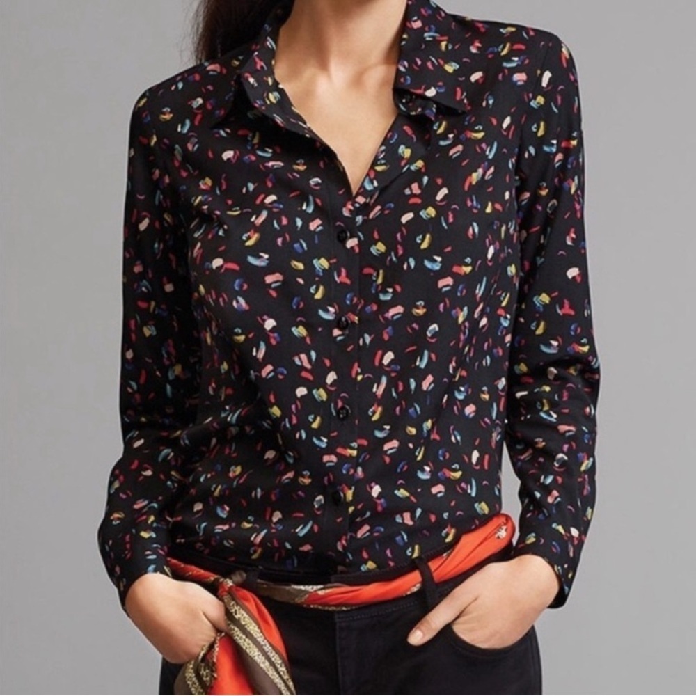 CAbi Women’s Ferris Blouse Black Multi Rainbow Printed Button Down Sz Small